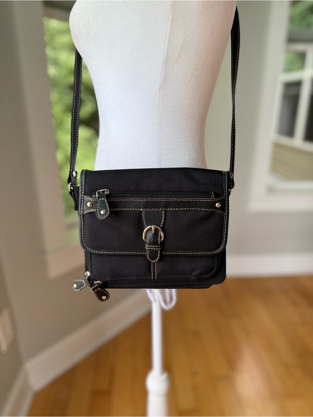 Vintage Black Nylon Vinyl Trim Crossbody Bag Travel Purse